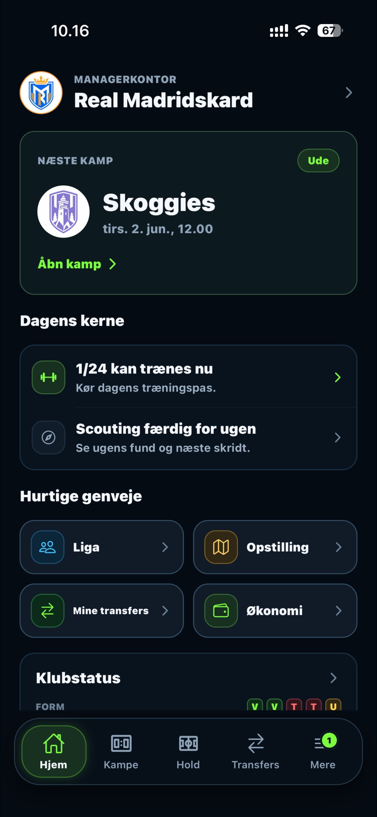 Kluboverblik i Matchday med næste kamp, dagens træning, scouting og klubstatus