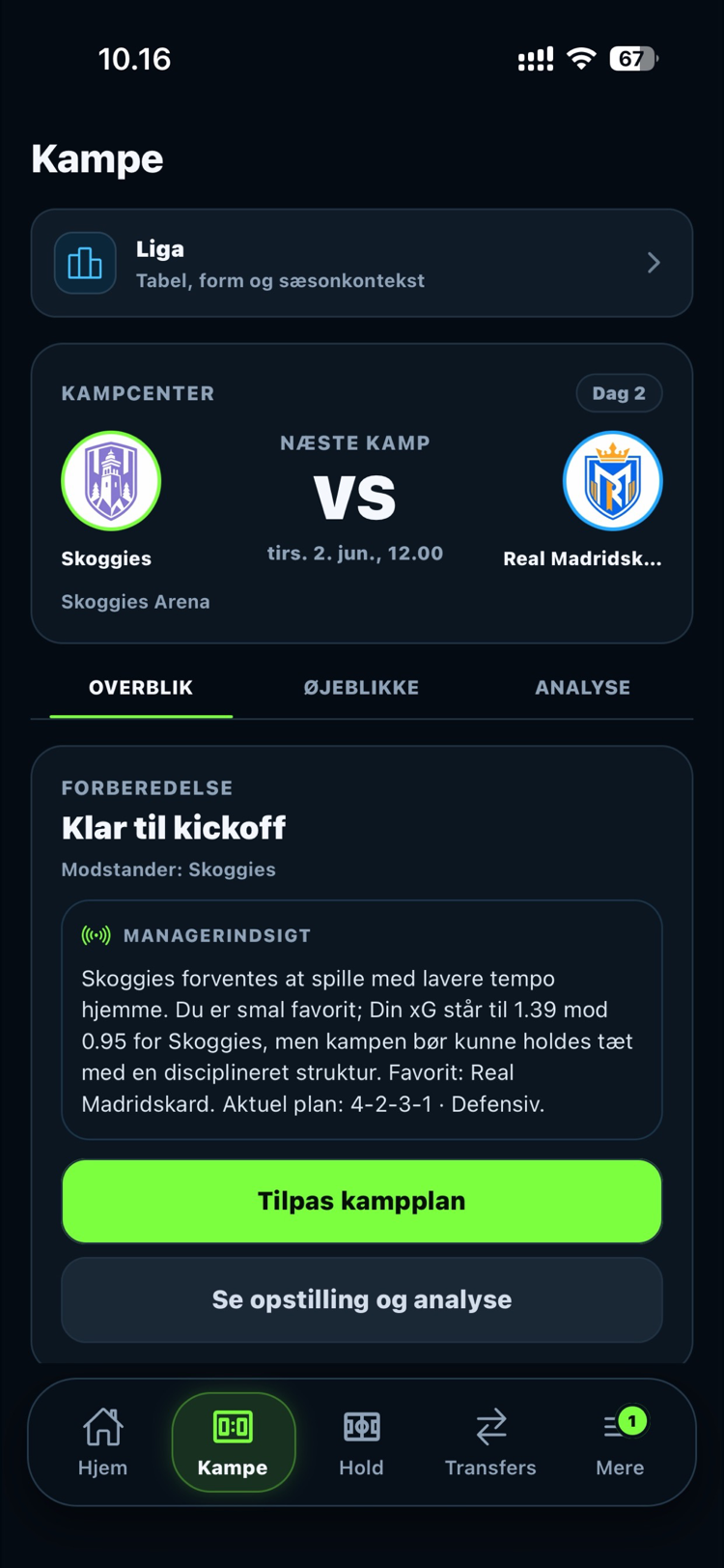 Kampcenter i Matchday med næste kamp, managerindsigt og forberedelse før kickoff