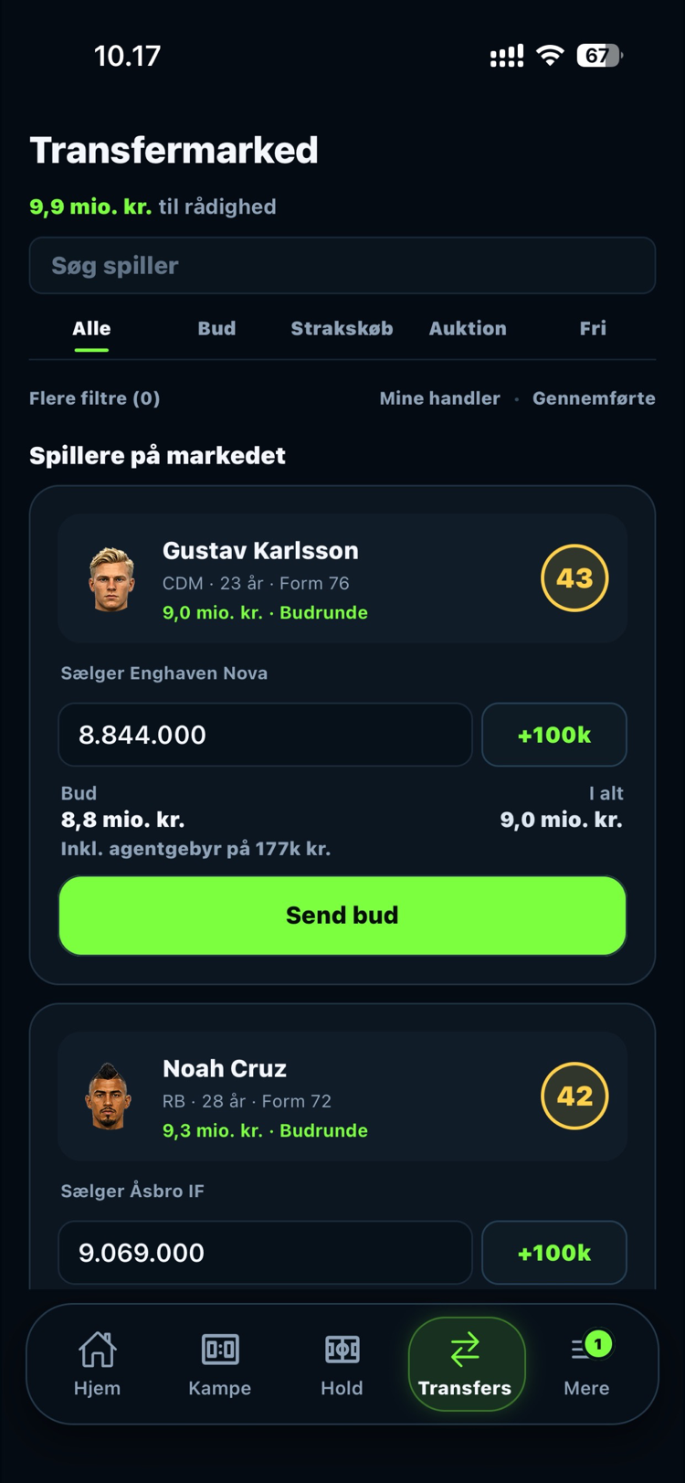 Transfermarked i Matchday med spillere, priser, filtre og bud